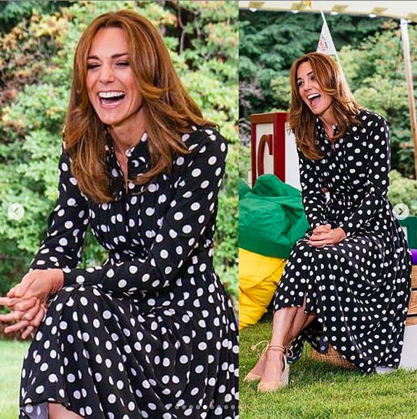 凯特王妃新发型配波点裙,新冠疫情下保持社交距离,隔空逗娃