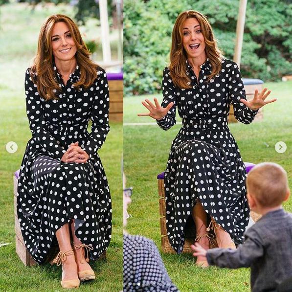 凯特王妃新发型配波点裙,新冠疫情下保持社交距离,隔空逗娃