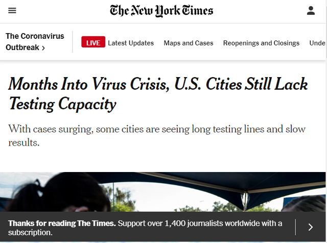 美媒称，疫情暴发已有数月，美国城市仍缺乏检测能力 《纽约时报》网站截图