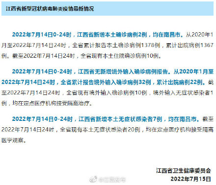 刚刚，江西通报7月14日0-24时新冠肺炎疫情情况！