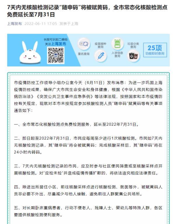 上海：7月31日前市民应每周至少进行1次核酸检测